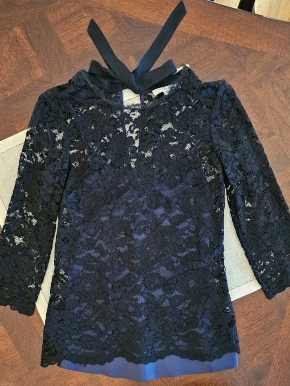 Boden Women's Black Lace 3/4 Sleeve Tie Neck Blouse Top Size 2 Camisole Lined